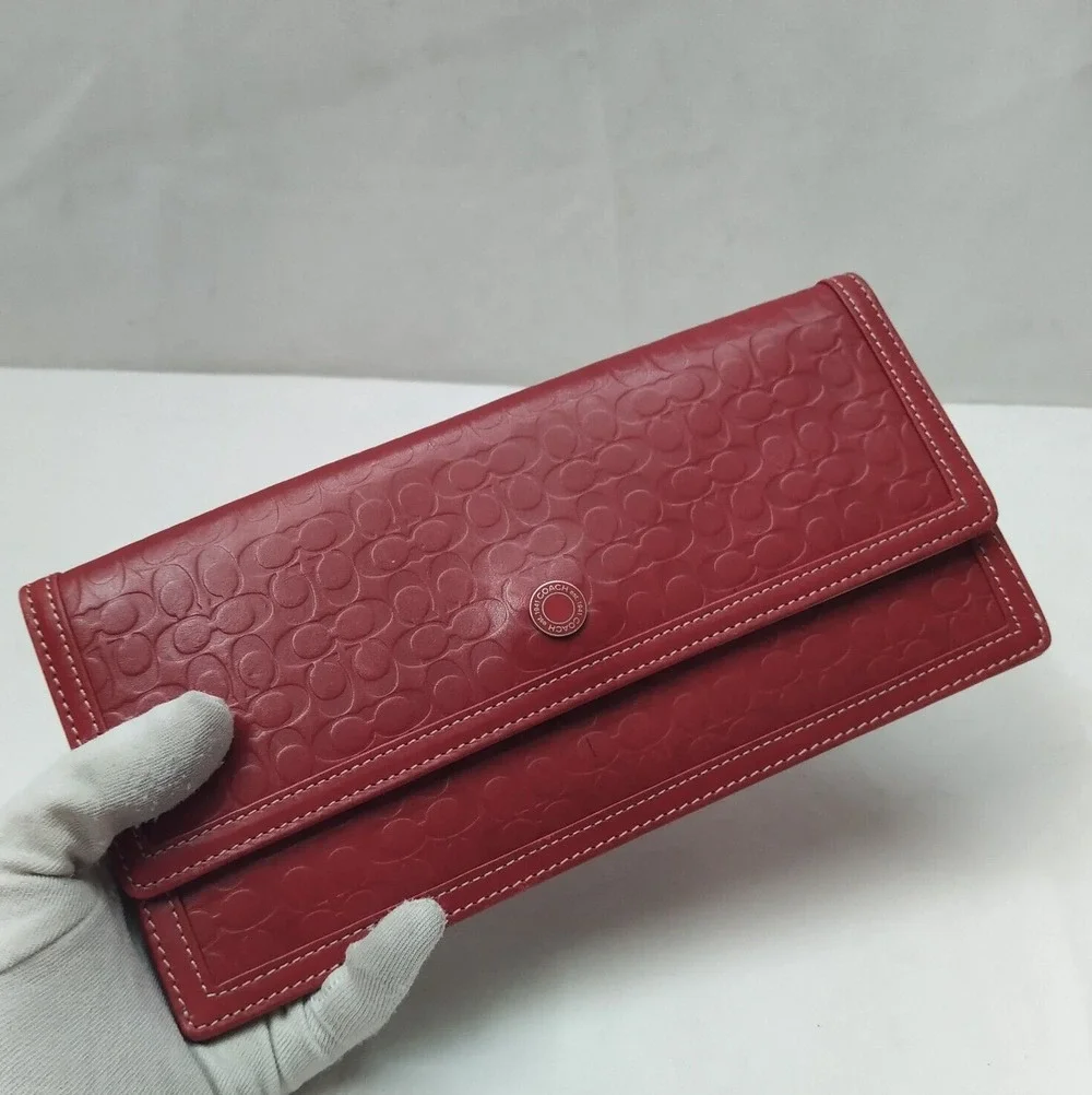 Coach Red Leather C Embossed Credit Card Bifold Envelope Long Wallet